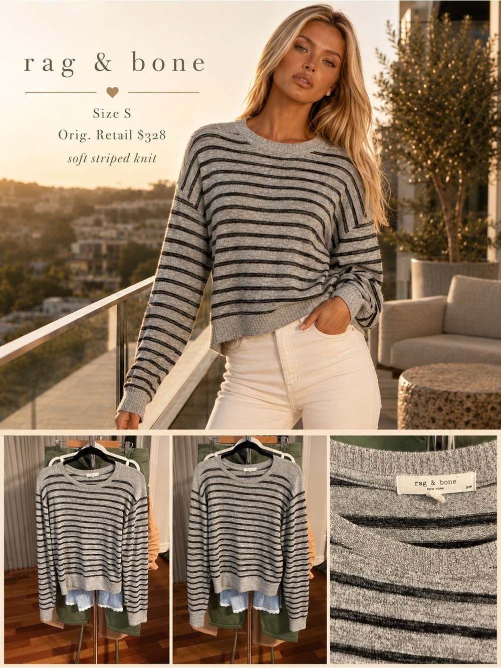 rag & bone Gray and Black Striped Crewneck Sweater